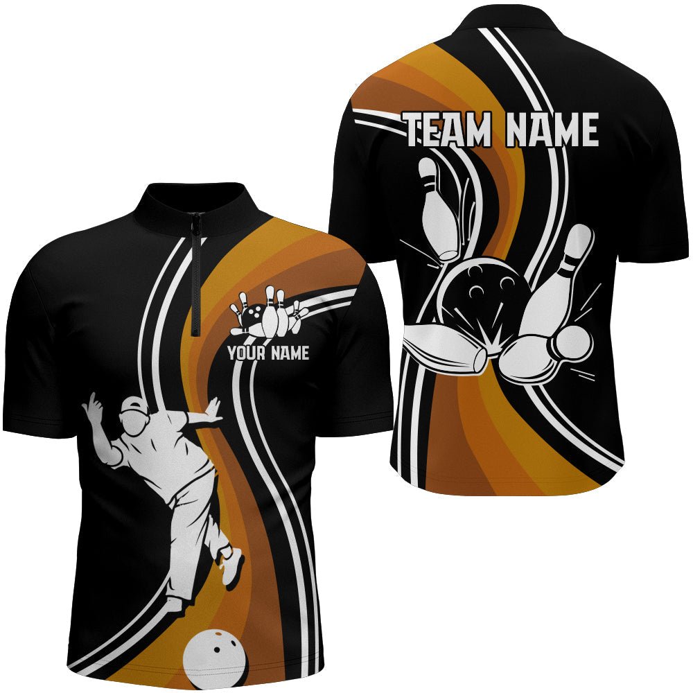 Schwarzes & Oranges Bowling Trikot für Herren - Personalisiertes Bowling Quarter-Zip Shirt für Bowling Team Liga - D128 - Climcat