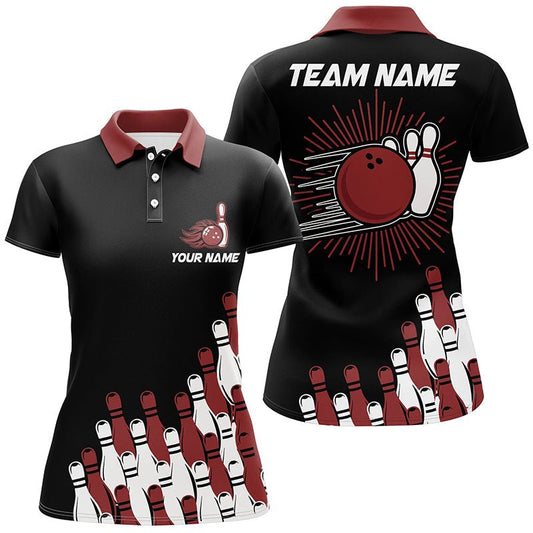 Schwarzes Retro-Bowling-Teamshirt für Damen | Personalisierbares Bowling-Polo-Shirt | Bowling-Geschenke für sie | Rot Q7054 - Climcat