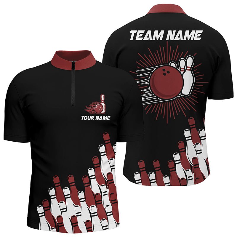 Schwarzes Retro-Bowling-Teamshirt für Herren | Individuelles Bowling-Viertelreißverschluss-Shirt | Bowling-Geschenke für ihn | Rot Q7054 - Climcat