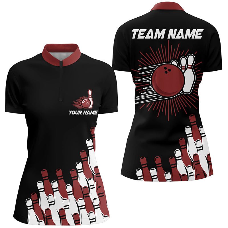 Schwarzes Retro-Bowling-Teamshirt individuell gestaltetes Damen-Bowling-Quarter-Zip-Shirt, Bowling-Geschenke für sie | Rot Q7054 - Climcat