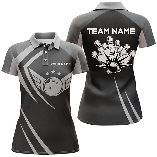 Schwarzes Retro-Vintage-Bowling-Polo-Shirt für Damen | Personalisiertes Bowling-Team-Liga-Trikot Q6593 - Climcat