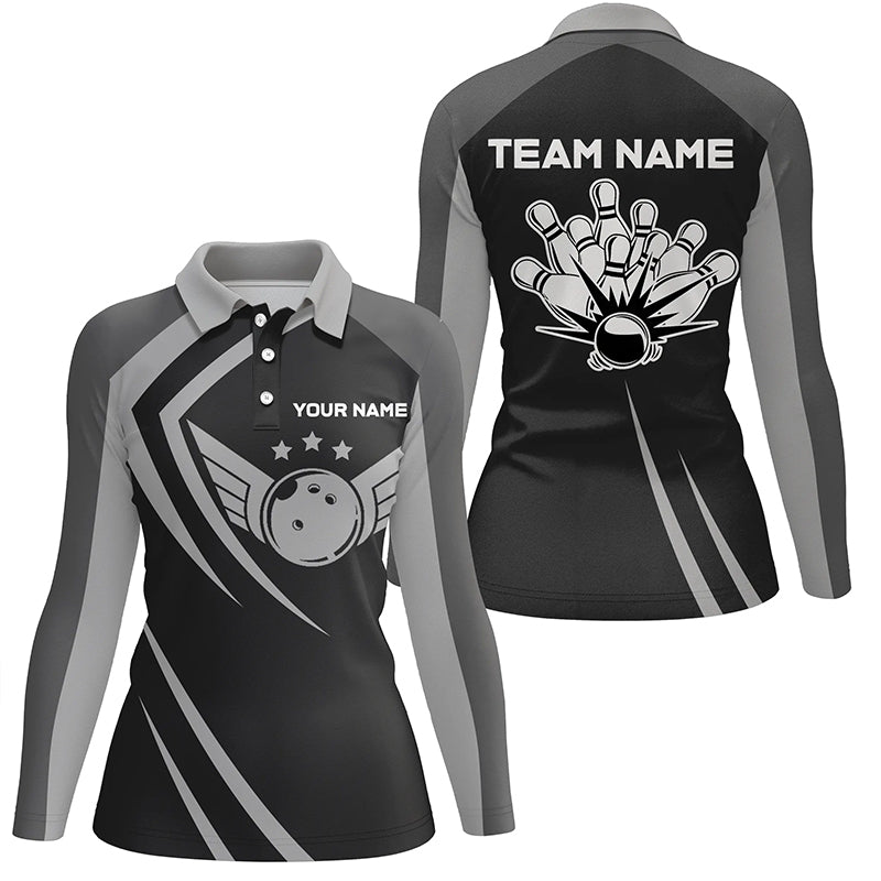 Schwarzes Retro-Vintage-Bowling-Polo-Shirt für Damen | Personalisiertes Bowling-Team-Liga-Trikot Q6593 - Climcat