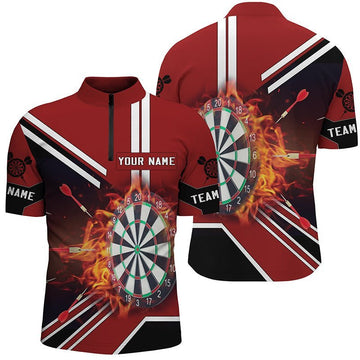 Schwarzes Rot Flammen Dartboard 1/4 Zip Shirt, individuell anpassbares Feuer-Darts-Shirt für Herren, Dart-Trikot R361 - Climcat