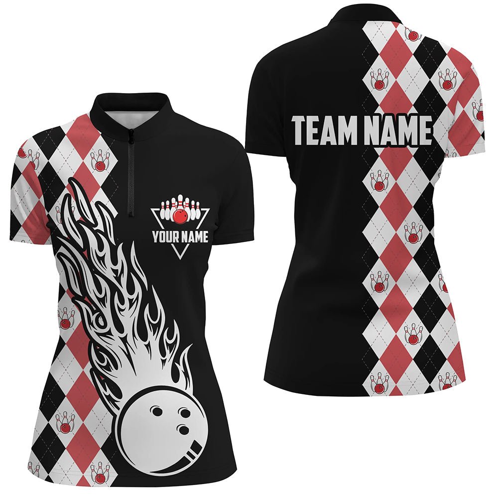 Schwarzes & rotes Argyle-Muster Bowling Fire Quarter Zip Shirt für Damen - Personalisiertes Bowling Team Liga Trikot Q6912 - Climcat