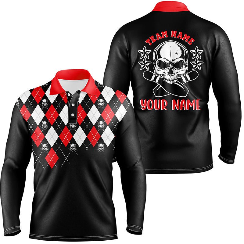 Schwarzes rotes Argyle-Muster Bowling Skull individuelle Bowling-Polo-Shirts für Herren, Bowling Trikots Q6916 - Climcat