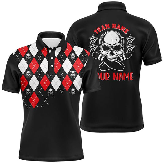 Schwarzes rotes Argyle-Muster Bowling Skull individuelle Bowling-Polo-Shirts für Herren, Bowling Trikots Q6916 - Climcat