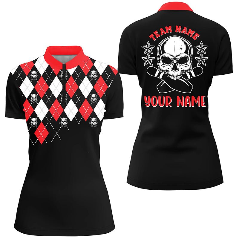 Schwarzes rotes Argyle-Muster Bowling Skull individuelle Bowling Quarter Zip Shirts für Frauen, Bowling Trikots Q6916 - Climcat