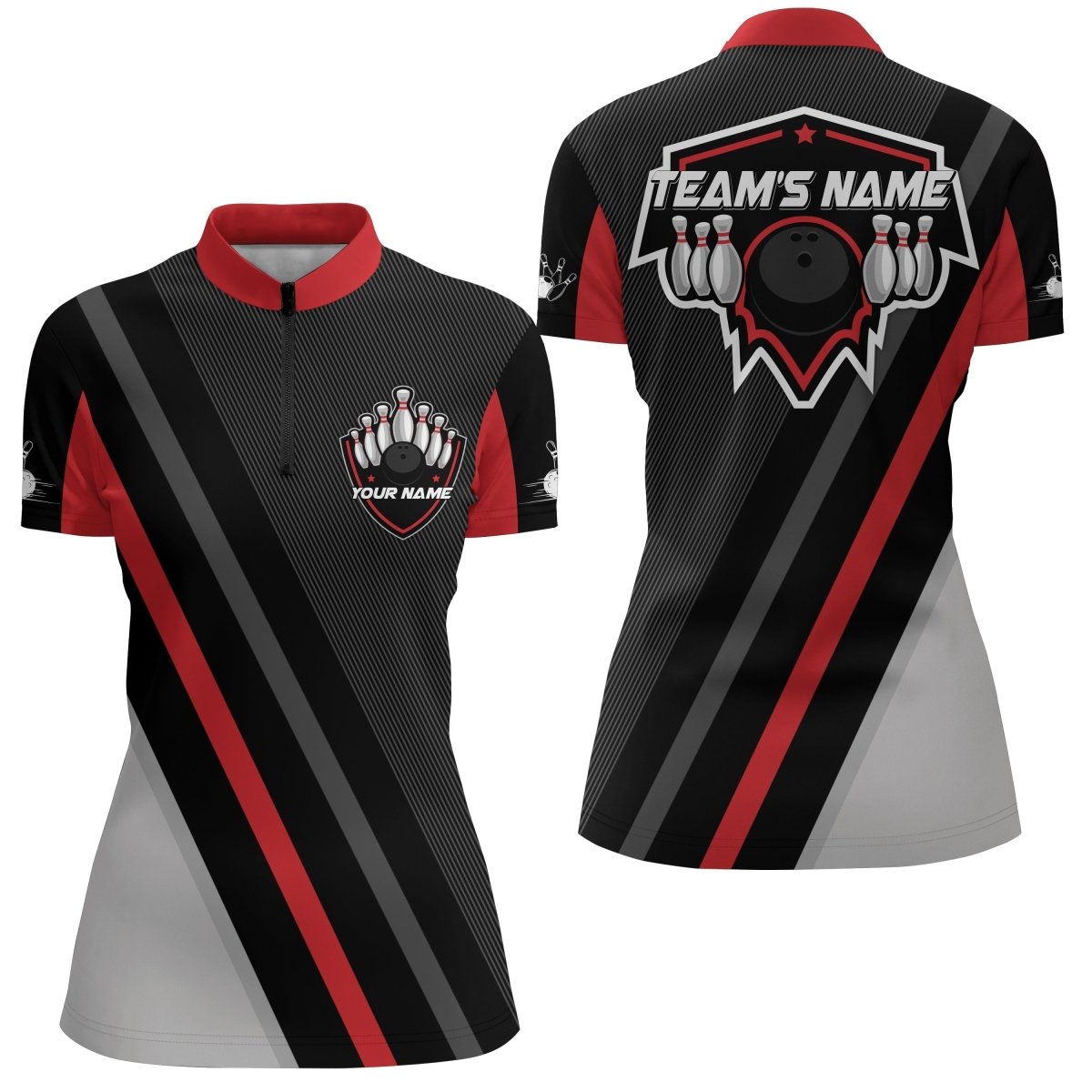 Schwarzes & rotes Bowling-Quarter-Zip-Shirt für Damen - Vintage Bowling Team Trikot - Personalisiertes Bowling Shirt D183 - Climcat