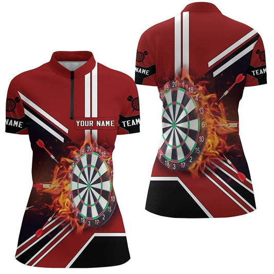 Schwarzes rotes Flammen Dartboard 1/4 Zip Shirt, individuell anpassbares Feuer-Darts-Shirt für Frauen, Dart-Trikot F843 - Climcat