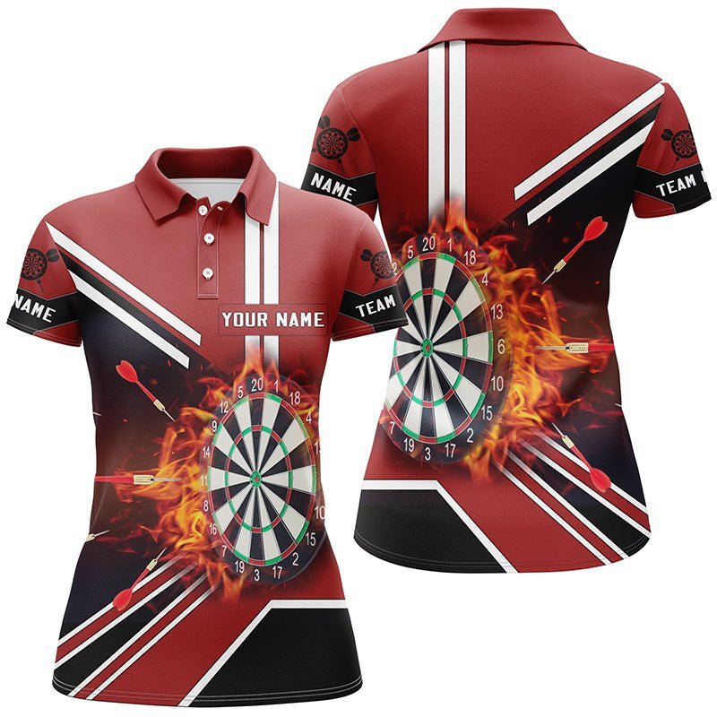 Schwarzes rotes Flammen Dartboard Polo Shirt, individuell anpassbares Feuer-Darts-Shirt für Frauen, Dart Trikot X606 - Climcat