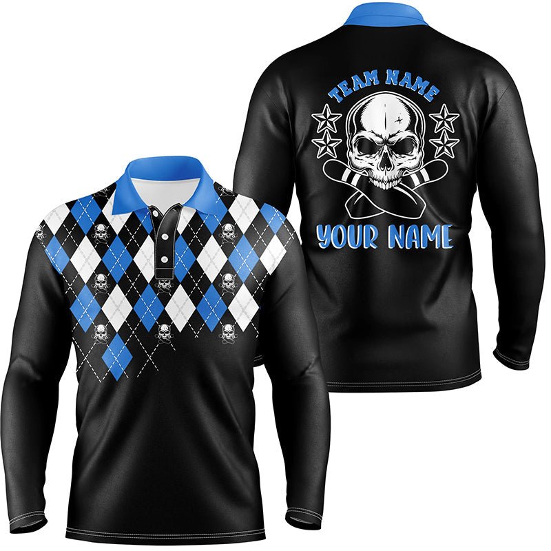 Schwarzes und blaues Argyle-Muster Bowling Skull individuelle Bowling-Polo-Shirts für Herren, Bowling Trikots Q6917 - Climcat