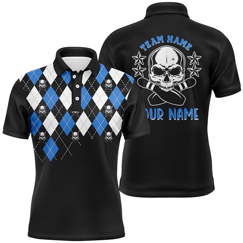 Schwarzes und blaues Argyle-Muster Bowling Skull individuelle Bowling-Polo-Shirts für Herren, Bowling Trikots Q6917 - Climcat