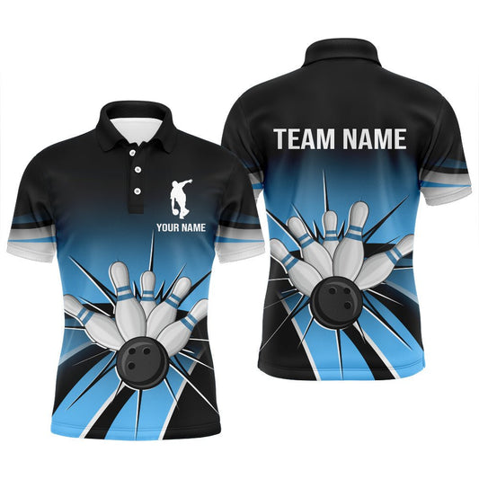 Schwarzes und blaues Bowling Polo Shirt im Vintage-Stil, individuell anpassbares Bowling Trikot für Herren, Bowling Team Liga Shirt - Climcat