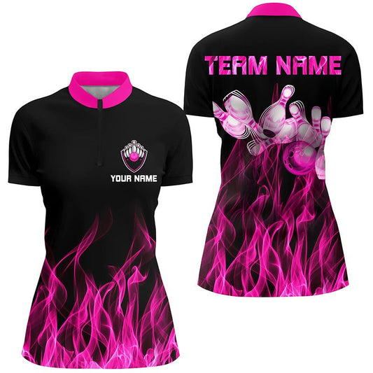 Schwarzes und pinkes Flammen Bowling Quarter-Zip Shirt für Damen - Personalisierte Bowling Team Shirts Q5880 - Climcat