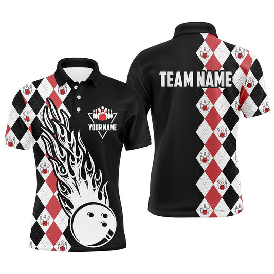 Schwarzes und rotes Argyle-Muster Bowling Fire Polo-Shirt für Herren - Individuelle Bowling-Team-Liga Trikots Q6912 - Climcat