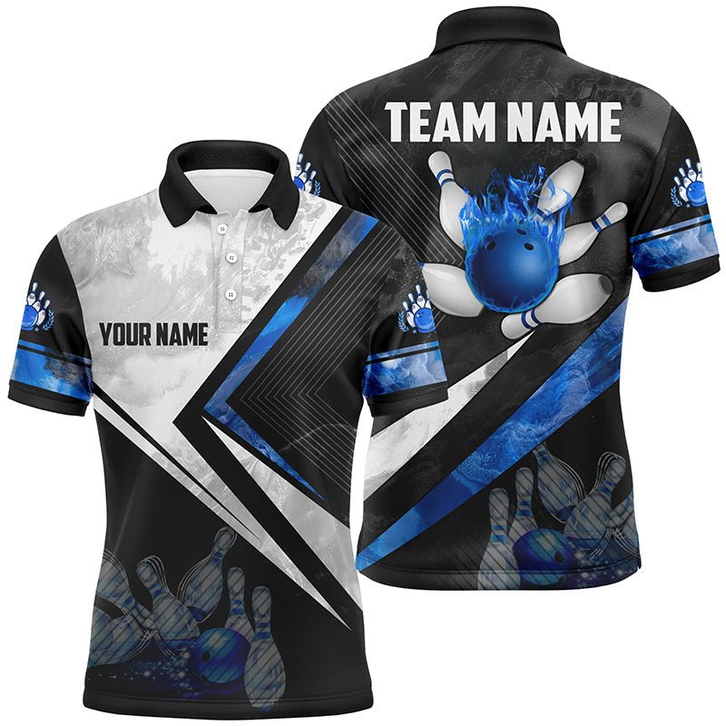 Schwarzes und weißes Bowling-Polo-Shirt für Herren | Personalisiertes Bowlingkugel-Pins-Team Bowler Trikot | Blau Q6447 - Climcat