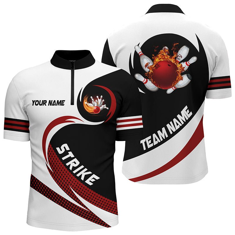 Schwarzes und weißes Bowling-Quarter-Zip-Shirt für Herren - Individuelles Flammen-Bowlingkugel-Streik-Team-Liga-Trikot Q6717 - Climcat