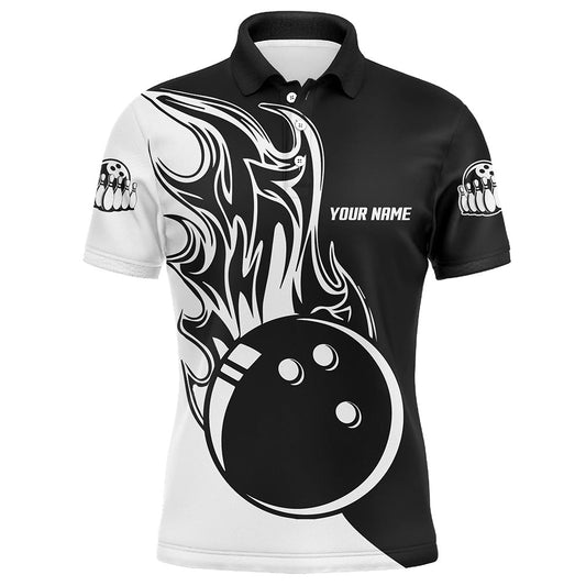 Schwarzes und weißes Bowlingkugel-Feuer Herren-Bowling-Polo-Shirt, individuell gestaltete Herren-Bowling-Teamtrikots Q6087 - Climcat