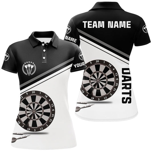 Schwarzes und weißes Darts Polo Shirt mit individuellem Namen, maßgeschneiderte Darts Shirts für Frauen, Dart Trikot Q96 - Climcat