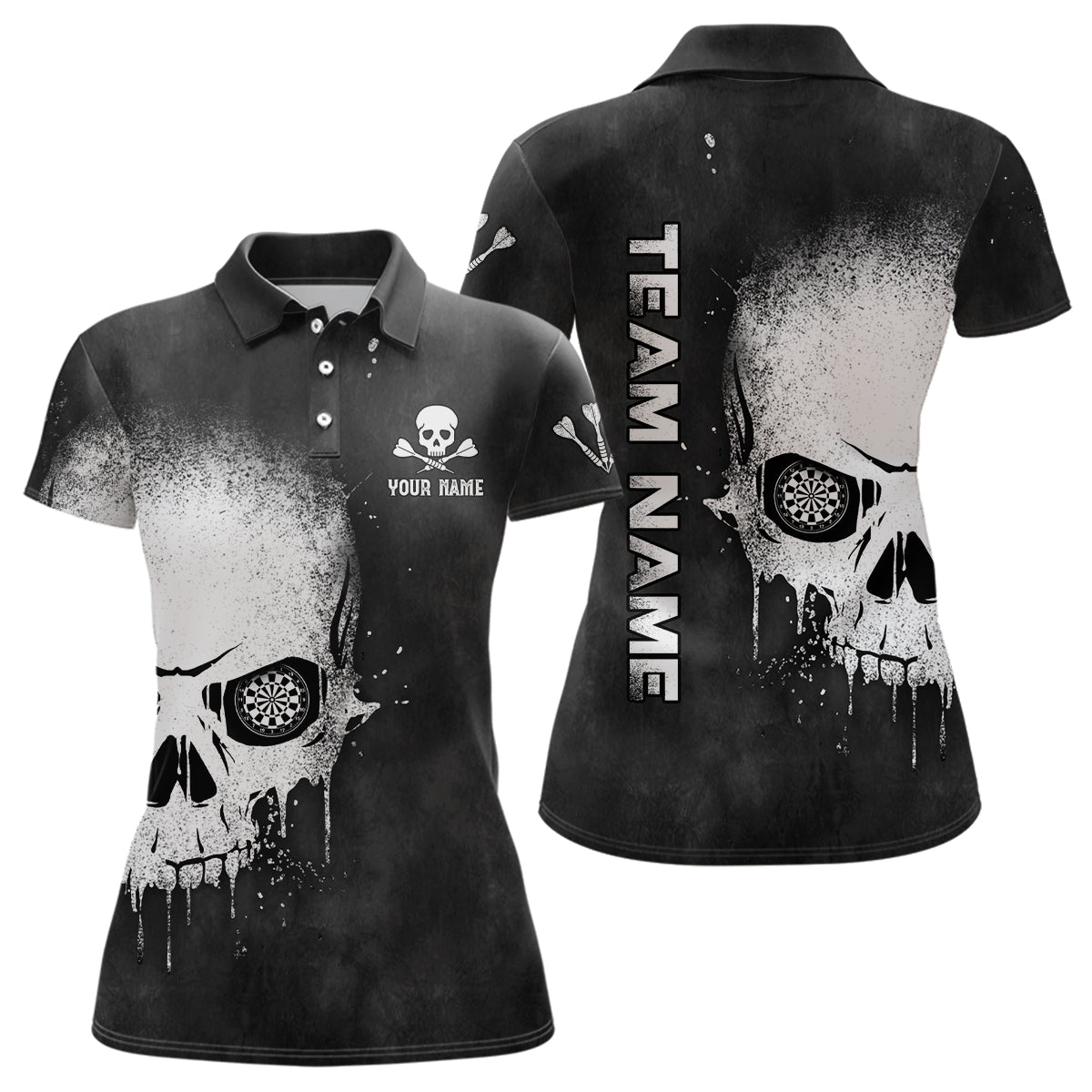 Schwarzes und weißes Darts Polo Shirt mit Rauch-Schädel-Motiv, individuell anpassbares Dart-Shirt für Frauen, gruselige Dart Trikots Y858 - Climcat