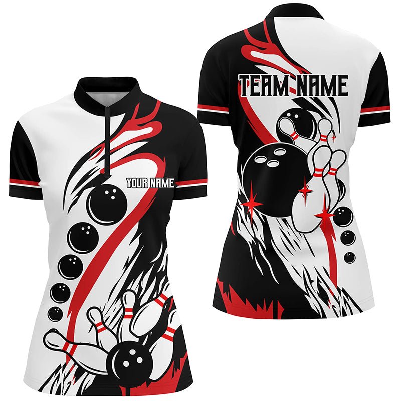 Schwarzes und weißes Retro-Bowling-Liga-Trikot für Damen, individuell gestaltetes Bowling-Quarter-Zip-Shirt, Geschenke für Bowler Q7061 - Climcat