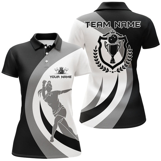 Schwarzes und weißes Retro-Bowling-Polo-Shirt für Damen - Personalisiertes Bowling-Trikot für Bowling-Liga-Team - Q6704 - Climcat