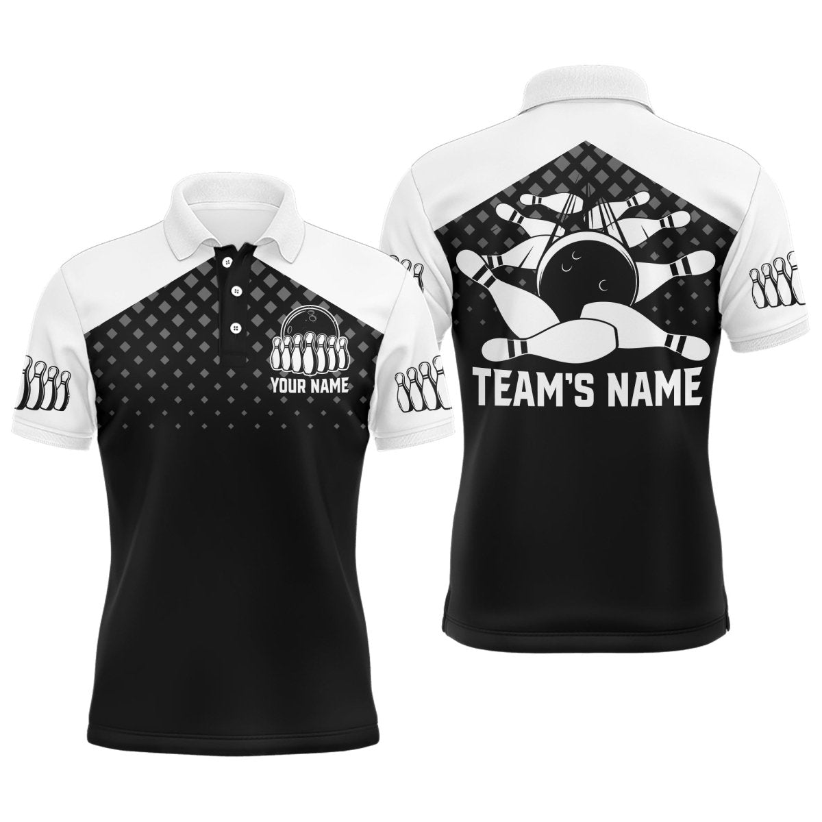 Schwarzes & Weißes Bowling Polo Shirt, Personalisierter Name & Team Name Bowling Shirt für Herren, Lustiges Bowling Trikot D18 - Climcat