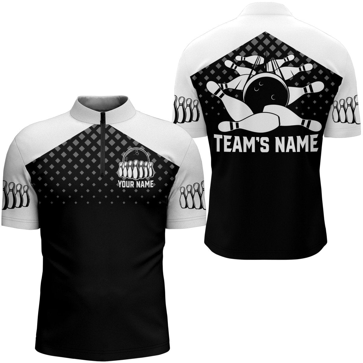 Schwarzes Weißes Bowling-Quarter-Zip-Shirt für Herren - Personalisiertes Bowling-Trikot - 1/4 Zip Bowling-Shirt für Teams D47 - Climcat