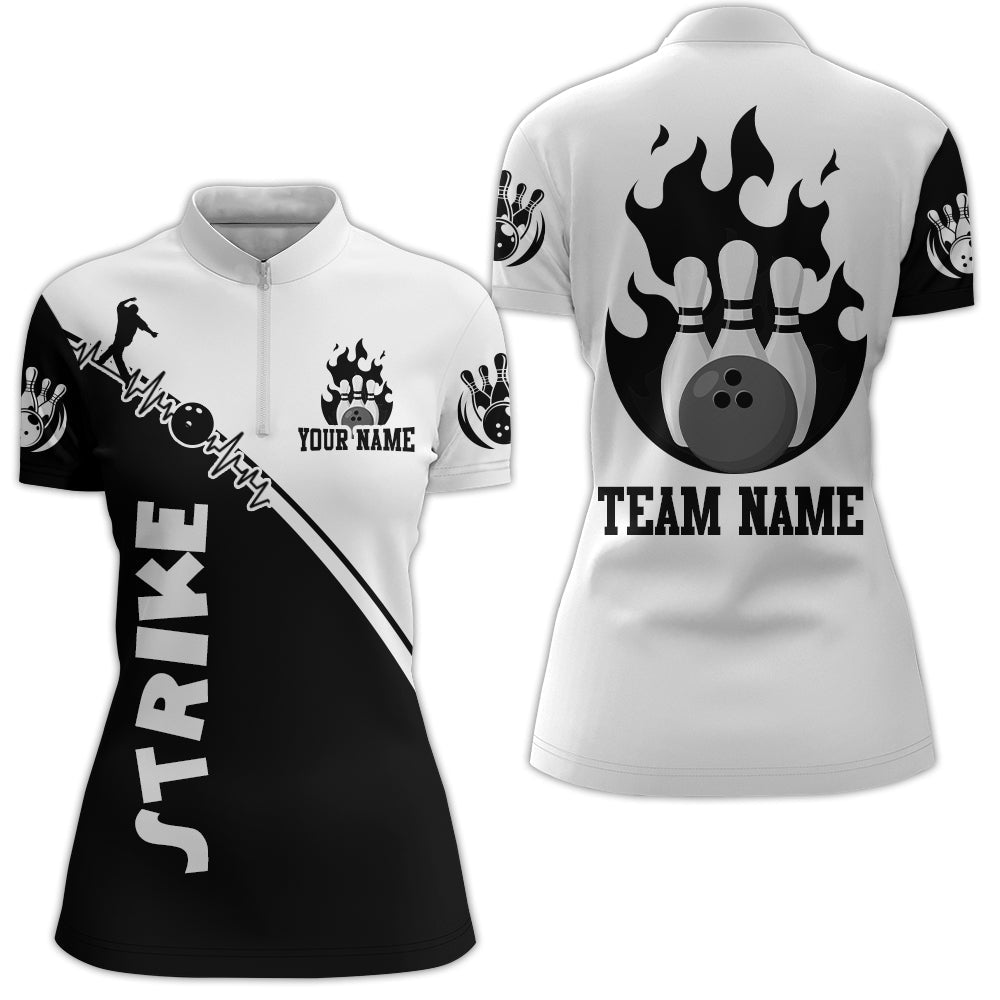 Schwarzes & Weißes Bowling-Shirt für Damen | Personalisiertes Bowling-Team Trikot | Bowling Viertel-Reißverschluss Shirt Z84 - Climcat