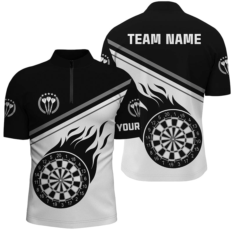 Schwarzes Weißes Flammen Dart 1/4 Zip Shirt mit Namen, individuell anpassbares Dart-Shirt für Herren, Dart-Trikot B232 - Climcat