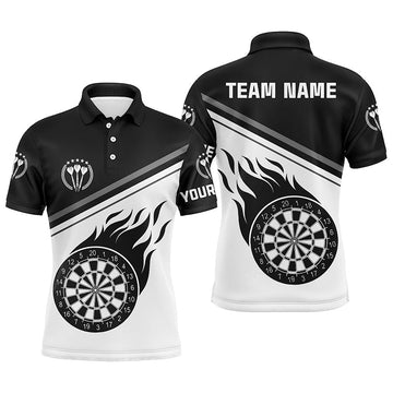 Schwarzes weißes Flammen-Darts-Herren-Polo-Shirt mit Namen, individuelles Darts-Shirt für Männer, Dart-Trikot F763 - Climcat