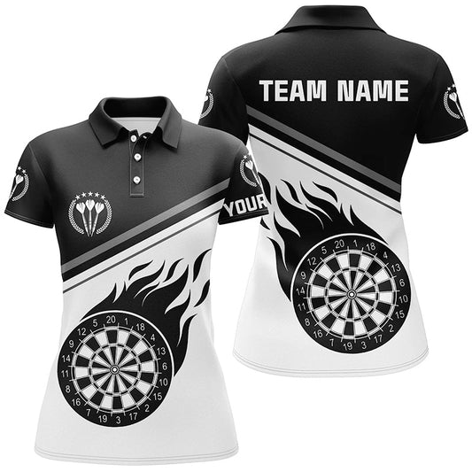 Schwarzes weißes Flammen-Darts-Polo-Shirt mit Namen, individuelles Darts-Shirt für Frauen, Dart-Trikot F713 - Climcat