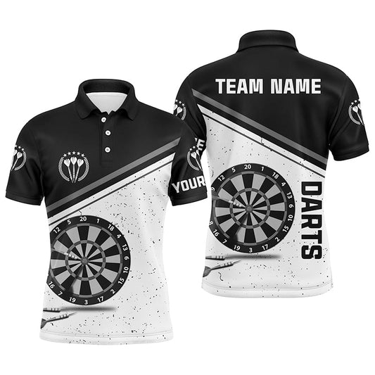 Schwarzes Weißes Grunge Darts Herren Polo Shirt mit Namen, individuell anpassbares Herren Darts Shirt, Dart Trikot E467 - Climcat