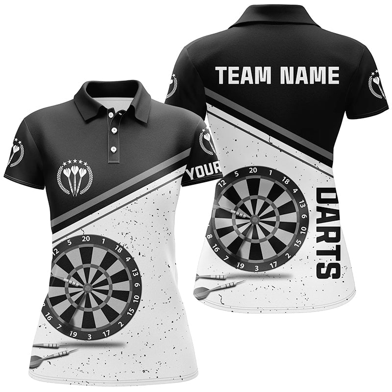 Schwarzes weißes Grunge Darts Polo Shirt mit Namen, individuell anpassbares Damen Darts Shirt, Dart Trikot U260 - Climcat