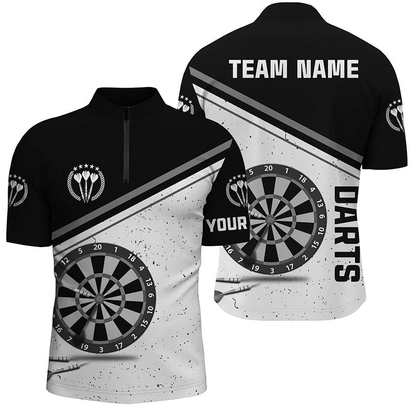 Schwarzes weißes Grunge-Darts-Quarter-Zip-Shirt mit Namen, individuell anpassbare Herren-Darts-Shirts, Dart-Trikot N535 - Climcat