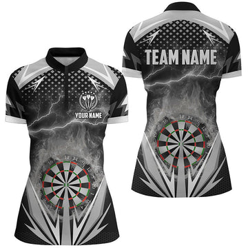 Schwarzes Weißes Thunder Flame Darts 1/4 Zip Shirt, individuell anpassbares Darts-Shirt für Frauen, Dart-Trikot O917 - Climcat