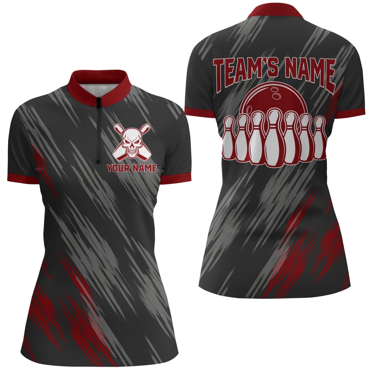 Skull Bowling Viertel-Zip-Shirt für Damen Schwarz&Rotes Bowling Trikot Bowling Team Shirt D159 - Climcat