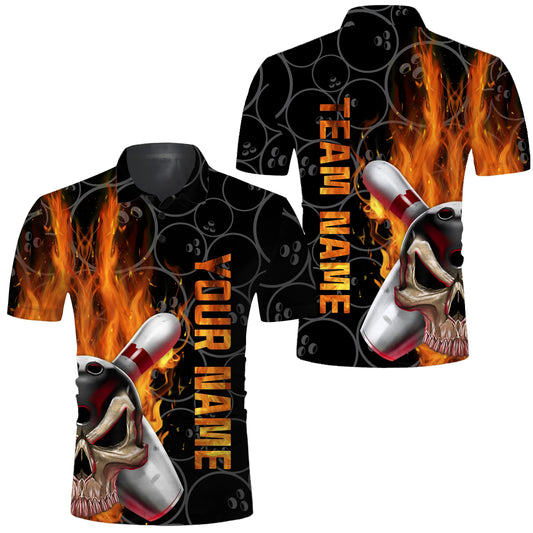 Skull Flame Bowling Herren Polo Shirt, Personalisiertes cooles Herren-Bowler-Trikot mit kurzen Ärmeln B58 - Climcat