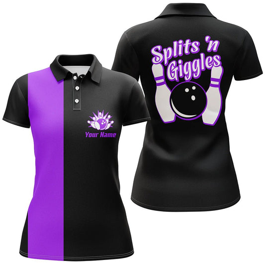 Splits'n Giggles Bowling Polo Shirt für Damen - Personalisiertes schwarzes lila Retro-Bowlingtrikot Q6074 - Climcat