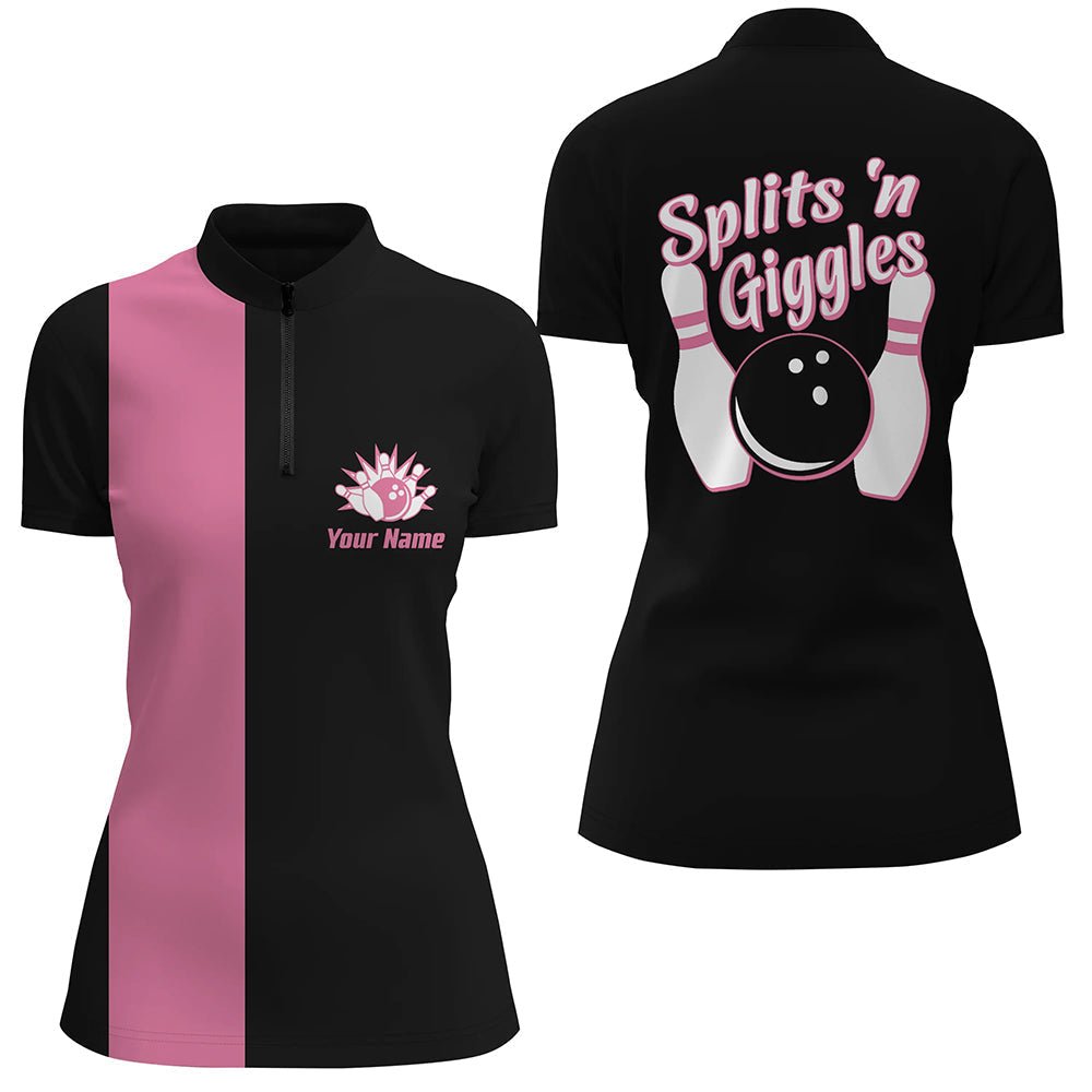 Splits'n Giggles Bowling Viertel-Zip Shirt für Damen - Personalisiertes pinkes Retro-Bowlingtrikot Q5967 - Climcat