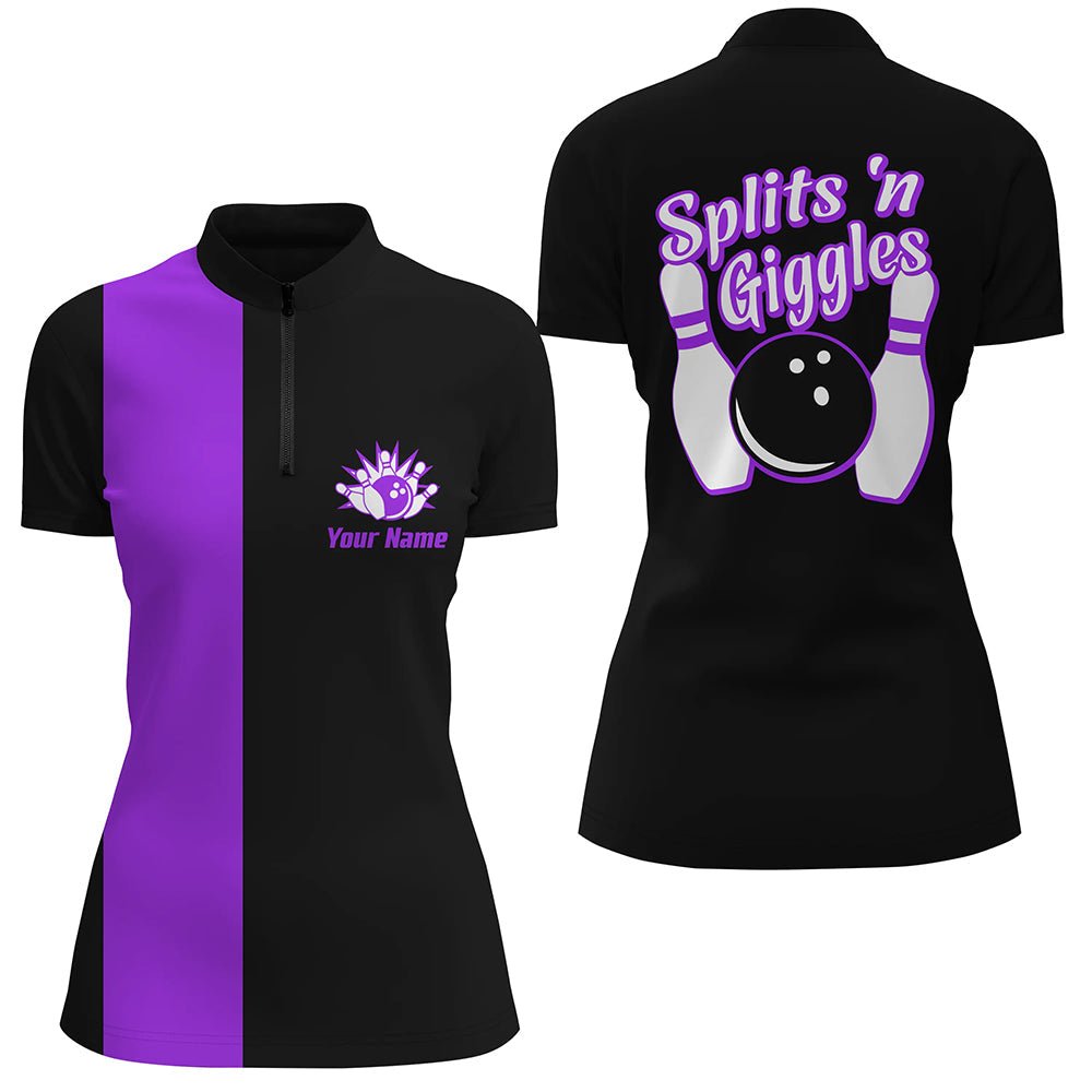 Splits'n Giggles Bowling Viertel-Zip Shirt für Damen Personalisiertes schwarzes lila Retro-Bowlingtrikot Q6074 - Climcat