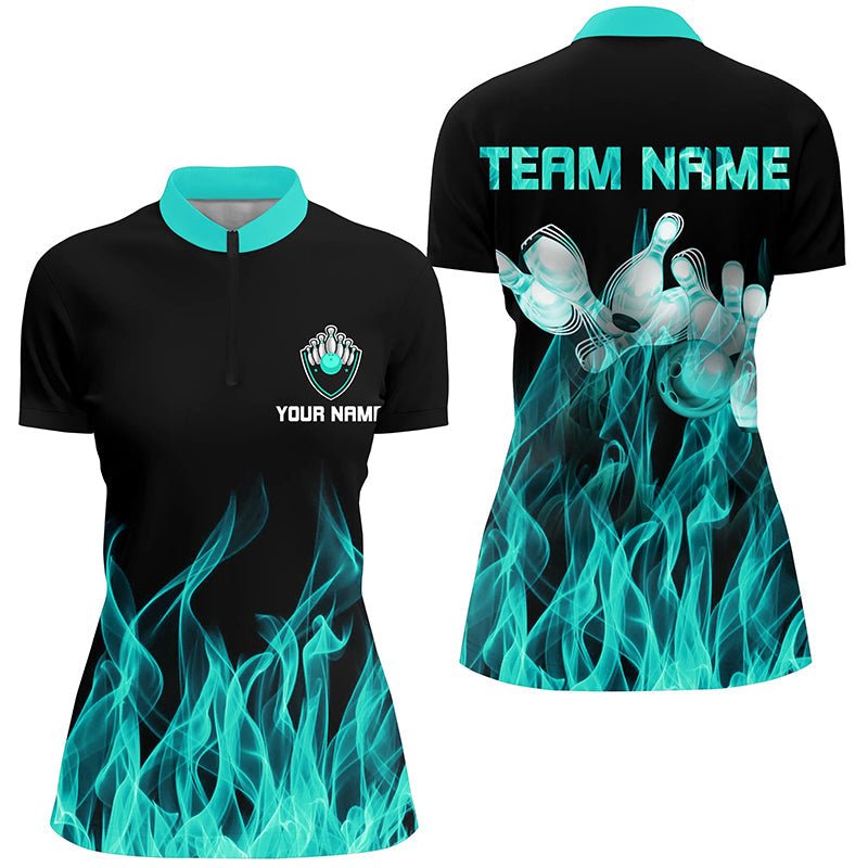 Türkis Flammen Bowling Quarter-Zip Shirt Damen Schwarze Bowling Trikots Personalisierte Bowling Team Shirts Q6822 - Climcat