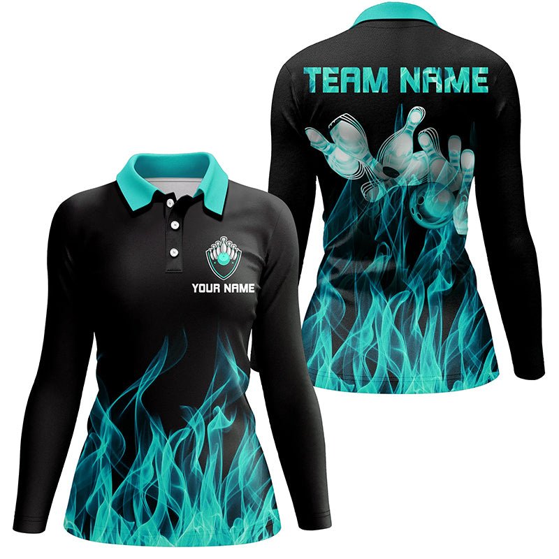 Türkis Flammen Damen Bowling Polo Shirt Schwarz - Personalisierte Bowling Team Shirts Q6822 - Climcat