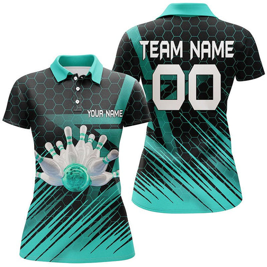 Türkises Bowling-Shirt für Damen | Personalisiertes Polo Bowling Trikot | 3D Bowling Team Shirt für Frauen | Q6224 - Climcat