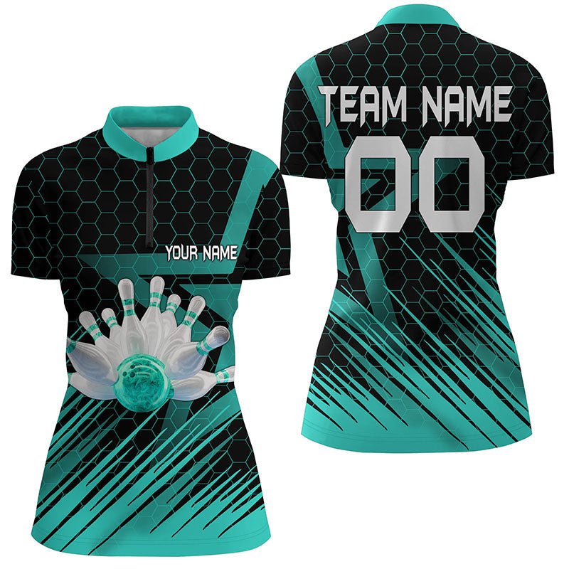 Türkises Bowling-Shirt für Damen | Personalisiertes Viertelreißverschluss Bowling Trikot | 3D Bowling Team Shirt für Damen | Q6224 - Climcat