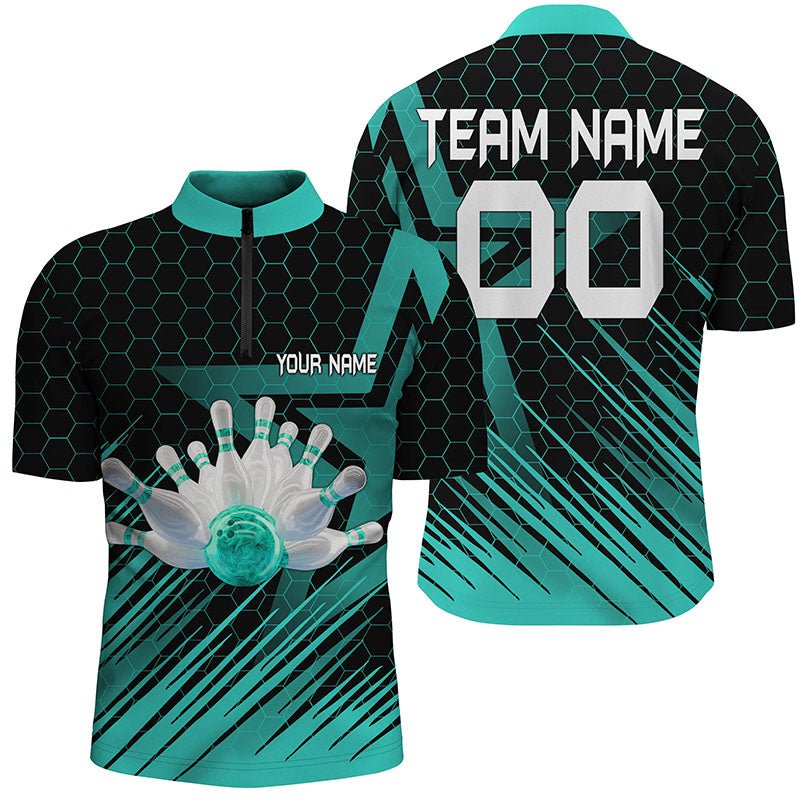 Türkises Bowling-Shirt für Herren | Individuelles Viertelreißverschluss Bowling Trikot | 3D Bowling Team Shirt für Herren Q6224 - Climcat