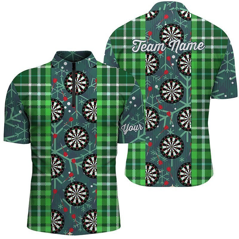 Weihnachts-Darts Flanell-Karo-Muster, grünes 1/4 Zip Shirt, individuell anpassbares Darts-Trikot für Herren LDT0895 Z568 - Climcat