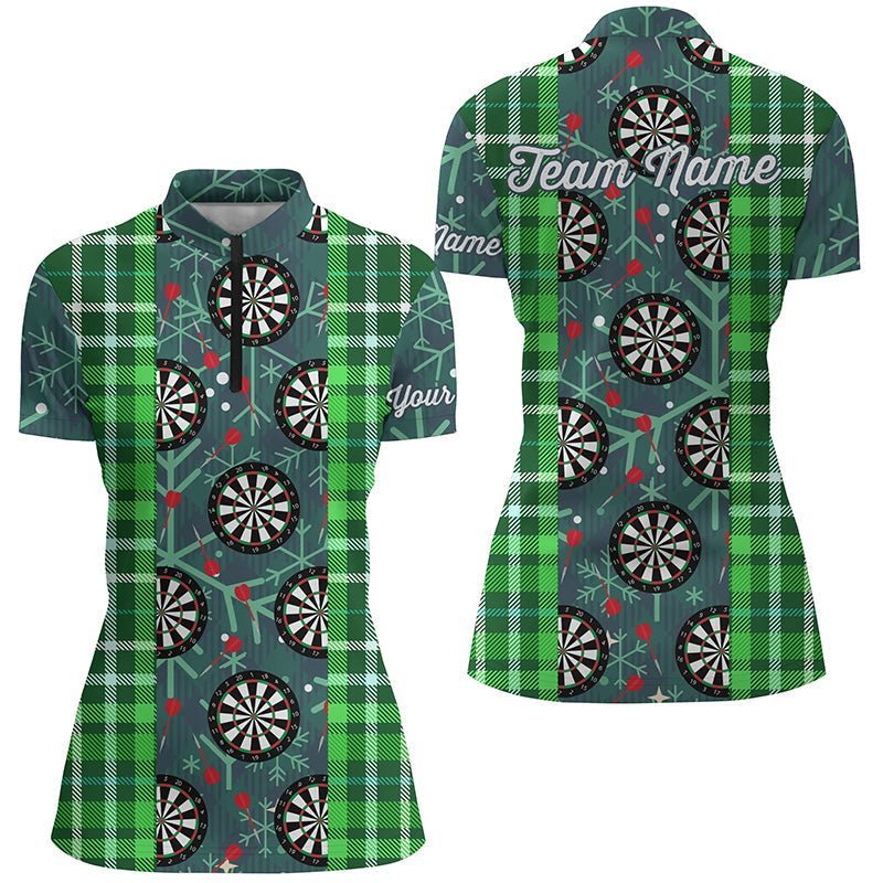 Weihnachts-Darts Flanell-Karo-Muster Grünes 1/4 Zip Shirt Individuelles Dart-Trikot für Frauen LDT0895 R7 - Climcat