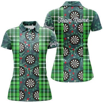 Weihnachts-Darts Flanell-Karo-Muster grünes Damen-Polo-Shirt, individuell anpassbares Darts-Trikot für Frauen D55 - Climcat