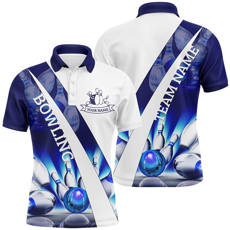 Weiße Bowling-Polo-Shirts für Herren - Individuell gestaltete Bowling-Trikots für das Team - Blaue Leuchtkugel-Pins - Liga-Trikots Q6732 - Climcat